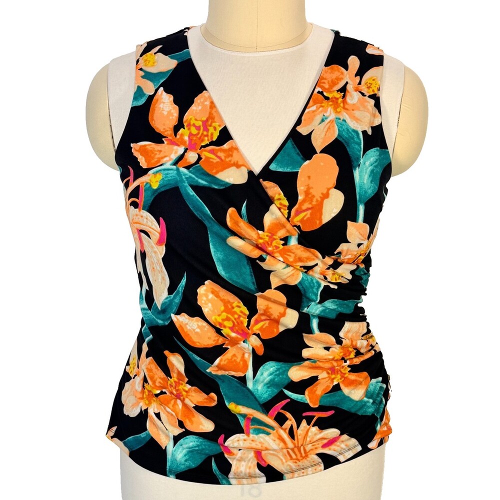 INC Sleeveless Blouse Women's XL Black Orange Floral Tropical Wrap V-Neck